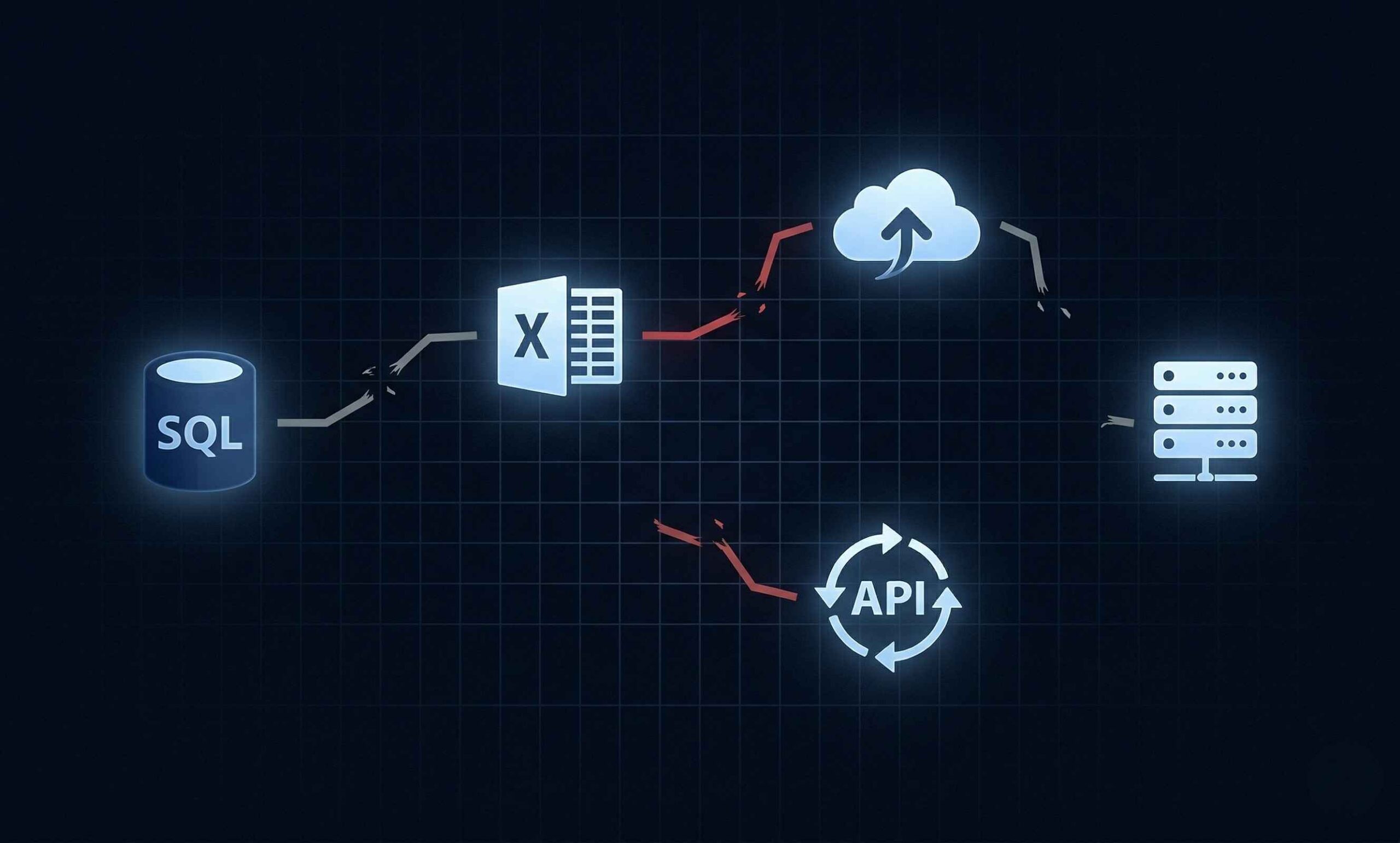 Disconnected data sources including SQL, Excel, Cloud, API, and on-premise servers shown with broken red lines on a dark navy background
