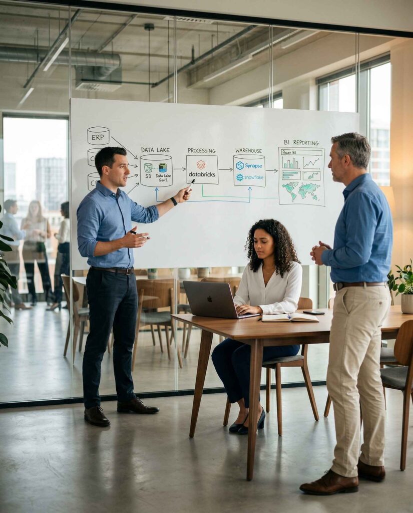 Three professionals in a meeting room discussing a data architecture diagram on a whiteboard showing the flow from ERP systems through a data lake, processing layer, data warehouse, and into BI reporting