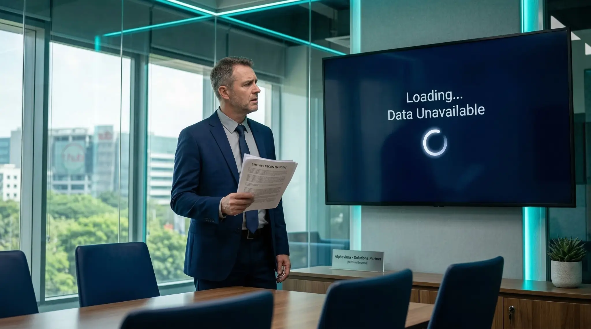 Executive facing delayed business reporting on a conference room display