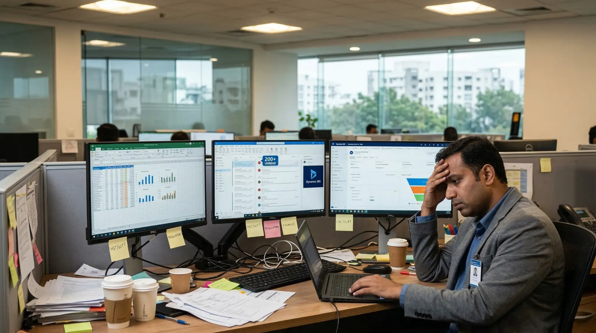 Office worker managing disconnected business systems across multiple screens