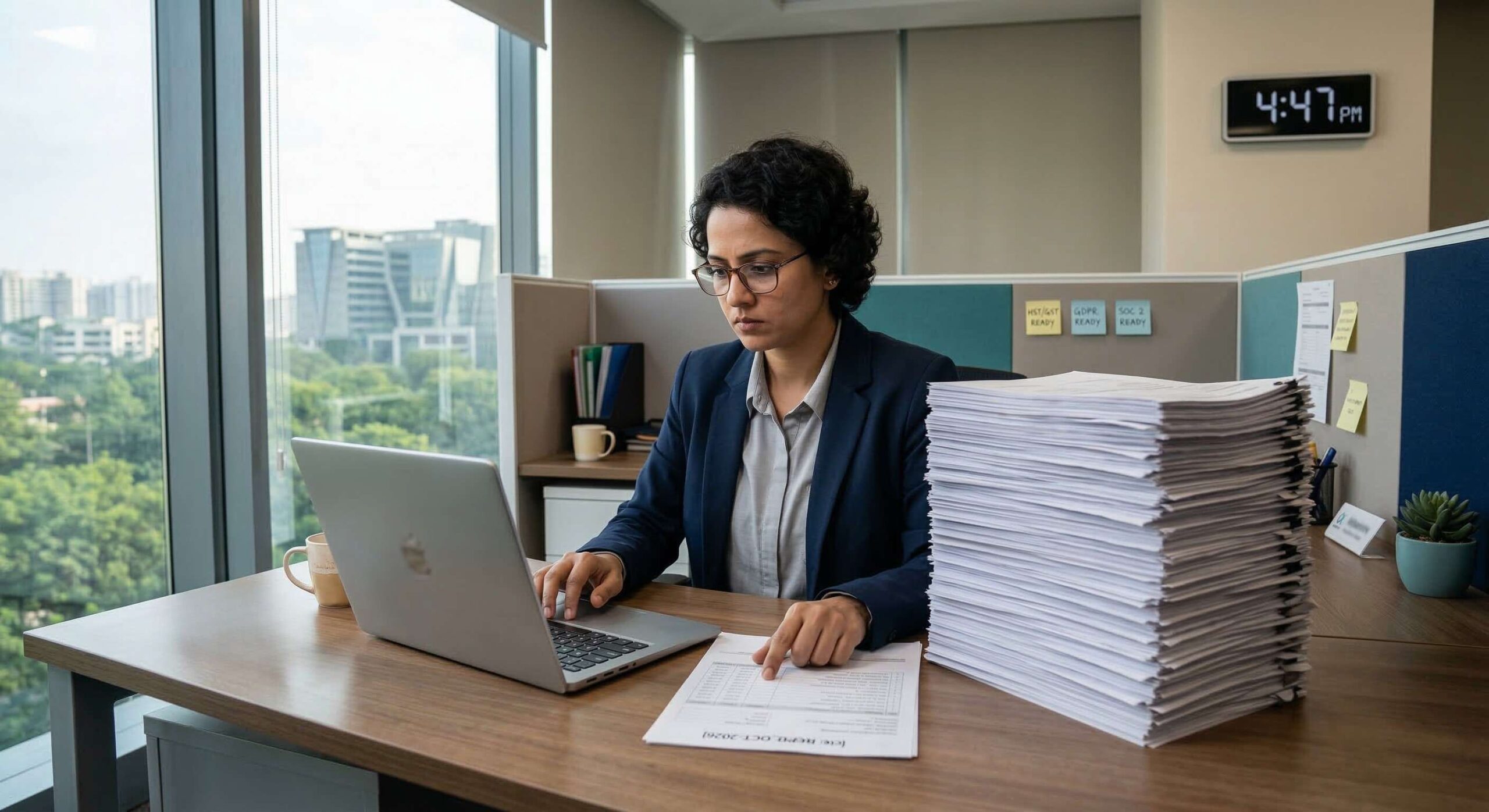 Professional manually entering data from paper forms into a computer, representing repetitive admin work