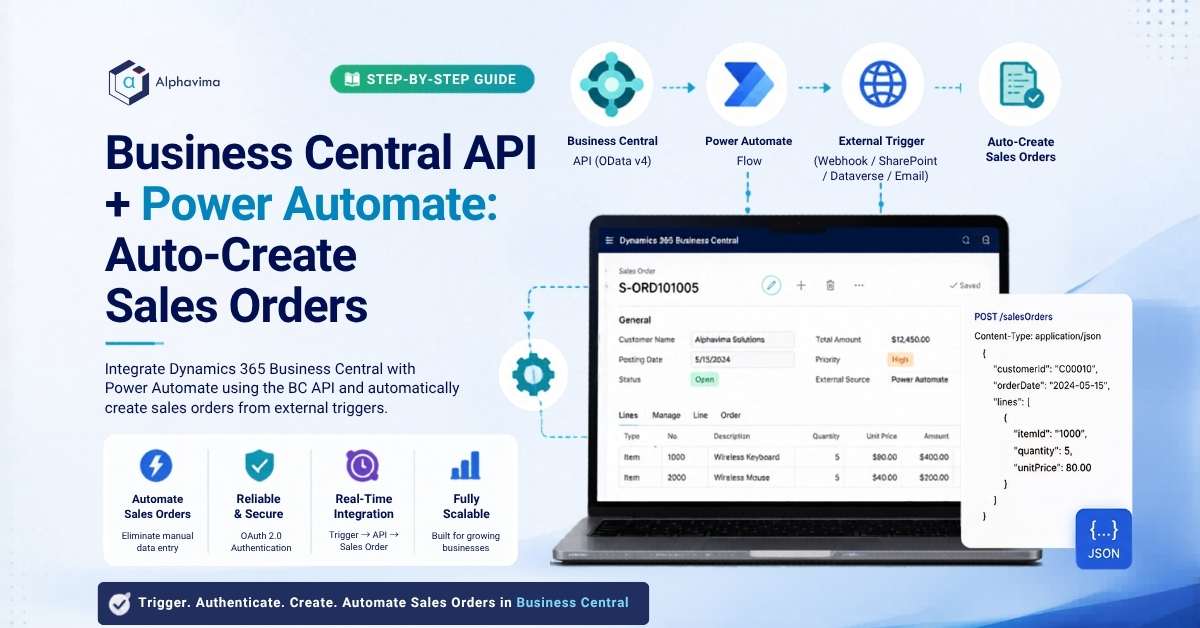 Business Central Power Automate API integration showing automated sales order creation using external triggers and REST API workflow