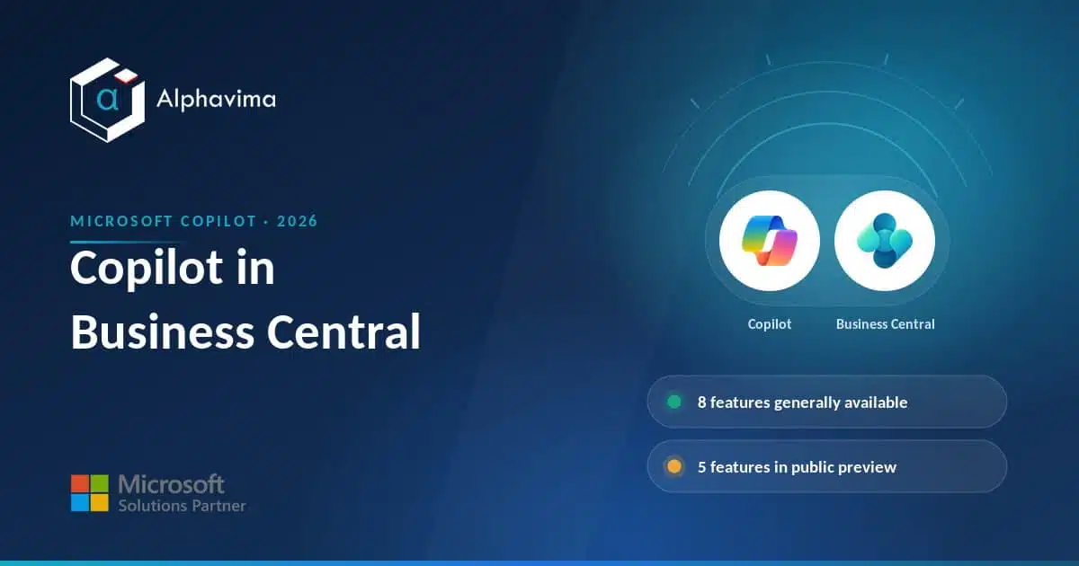 Copilot in Business Central banner showing eight features generally available and five in public preview
